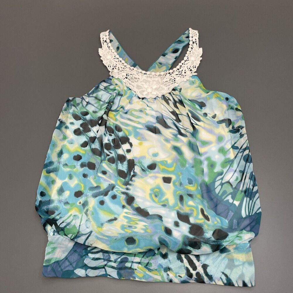 Sleeveless Top Blouse Size S Crochet Halter Neck Embellished Turquoise Cinched